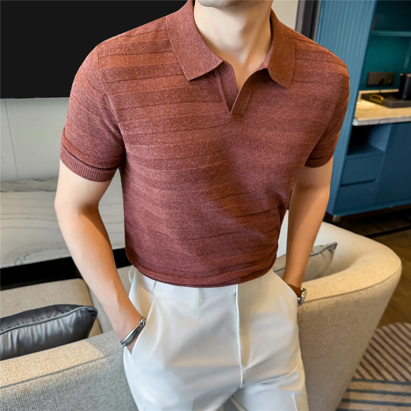 Herren Old Money Ärmelloses Polohemd Tencel-Leinen-Mischung Gestreiftes Kurzarm-T-Shirt Atmungsaktives Leichtes Freizeit-Oberteil