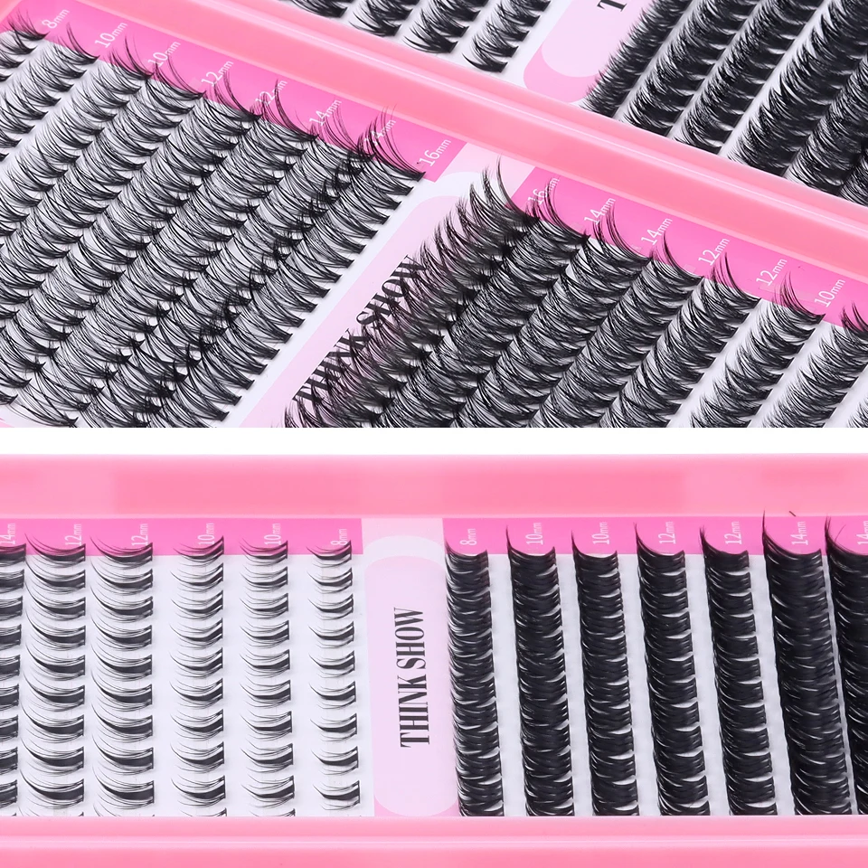 Thinkshow lash clusters kit gato cílios 640 pçs com lash bond & selo cluster extensões de cílios clusters kit diy em casa
