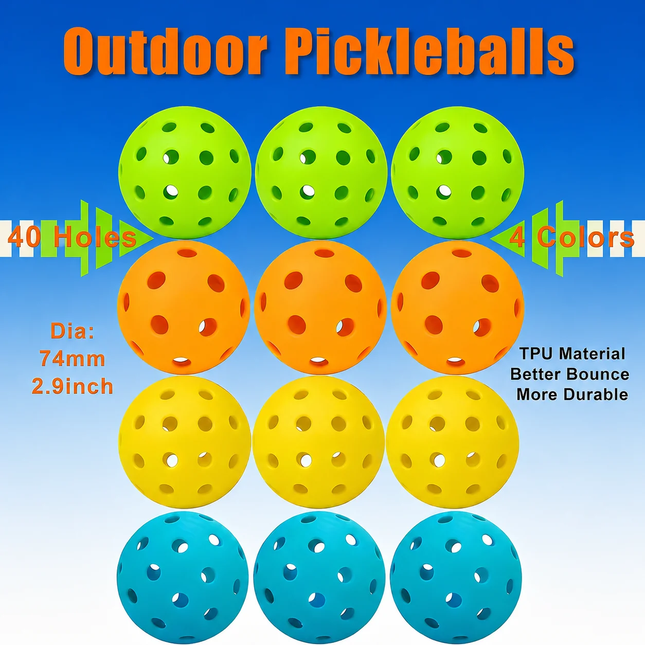 40-Hole Outdoor Pickleball Balls Durable High Bounce High Visibility Pickle Balls for Training Practice Competition