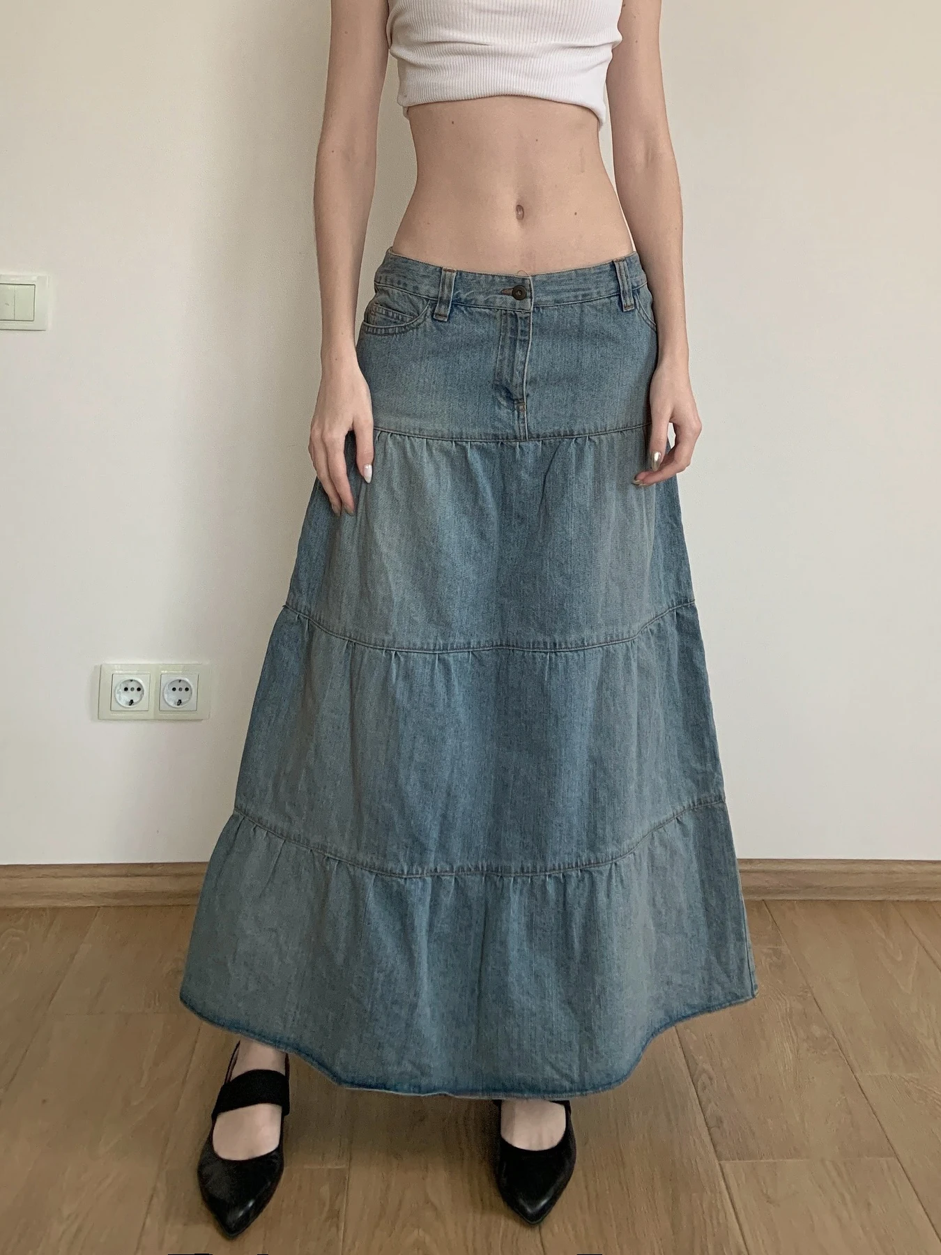 AOMR الأمريكية الرجعية Waed الدنيم مظلة تنورة f طول المرأة ature عطلة منخفضة الخصر ألف خط تنورة طويلة #2