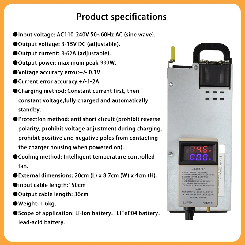 Nastavitelná nabíječka 3-15V 3-62A 12V 62A 14,6V 62A 12,6V 62A 50A 40A 30A Lithium-polymerová pro lithium-iontové baterie olověné baterie - náhled 5