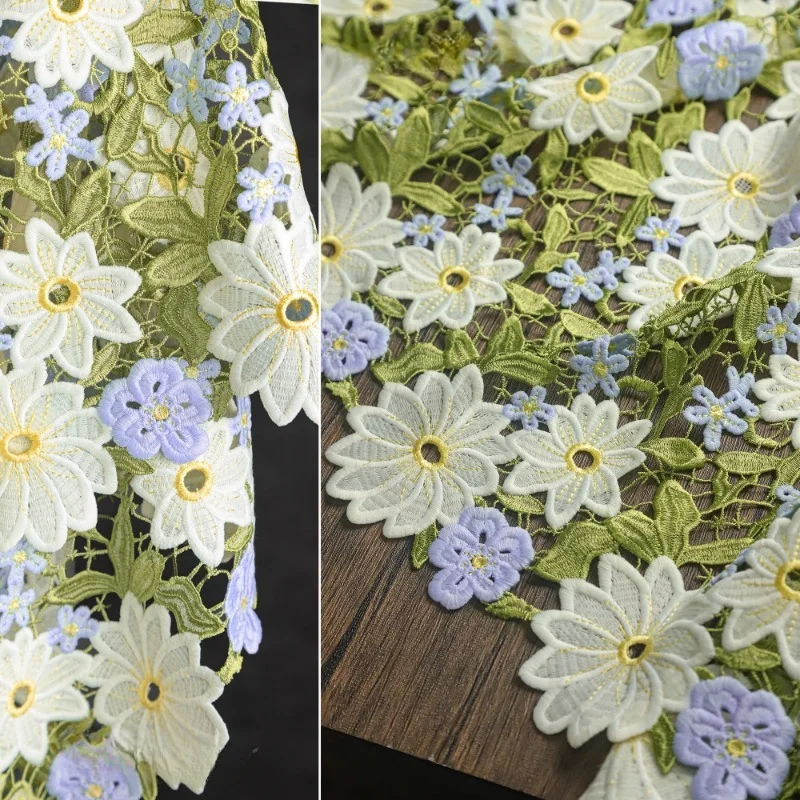 Green Flower Heavy Industry Embroidery Fabric Hollow Water Soluble Flower Hand Woven Dress Tablecloth Clothing Designer Fabric