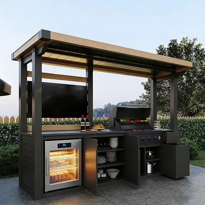 Modular modern all-weather outdoor kitchen with built-in Camado pan, sink, faucet, drawers, slides, outdoor grill