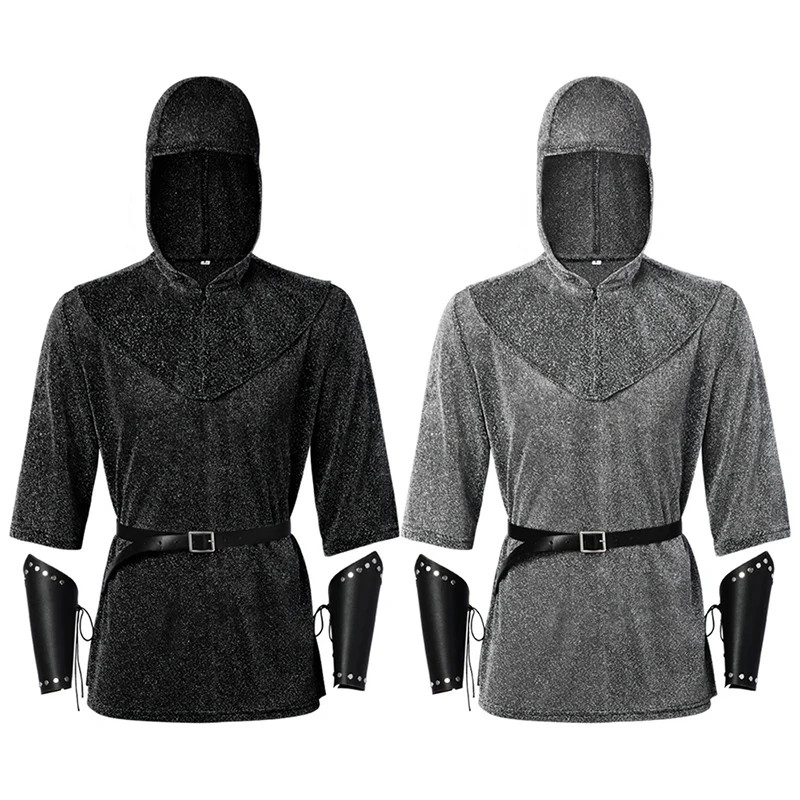 

❤2026❤ Anime Renaissance Faux Chain Mail Armor Tunic Shirt Coif Medieval Knight Cowl Crusader Costume Outfit Bracers Waist Belt❤