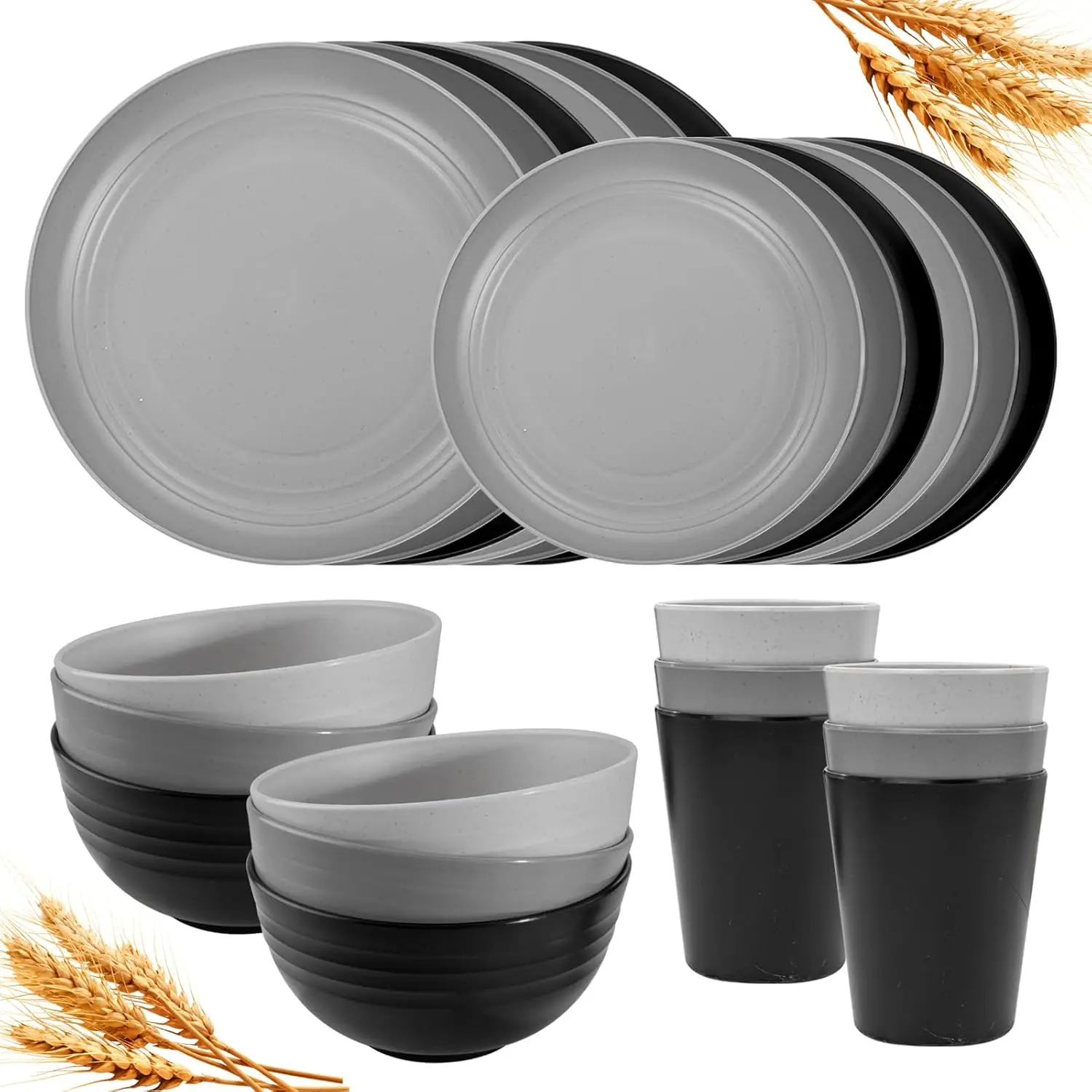24-Piece Unbreakable Wheat Straw Dinnerware Set for 6, Microwave & Dishwasher Safe, Ideal for Camping and Daily Use