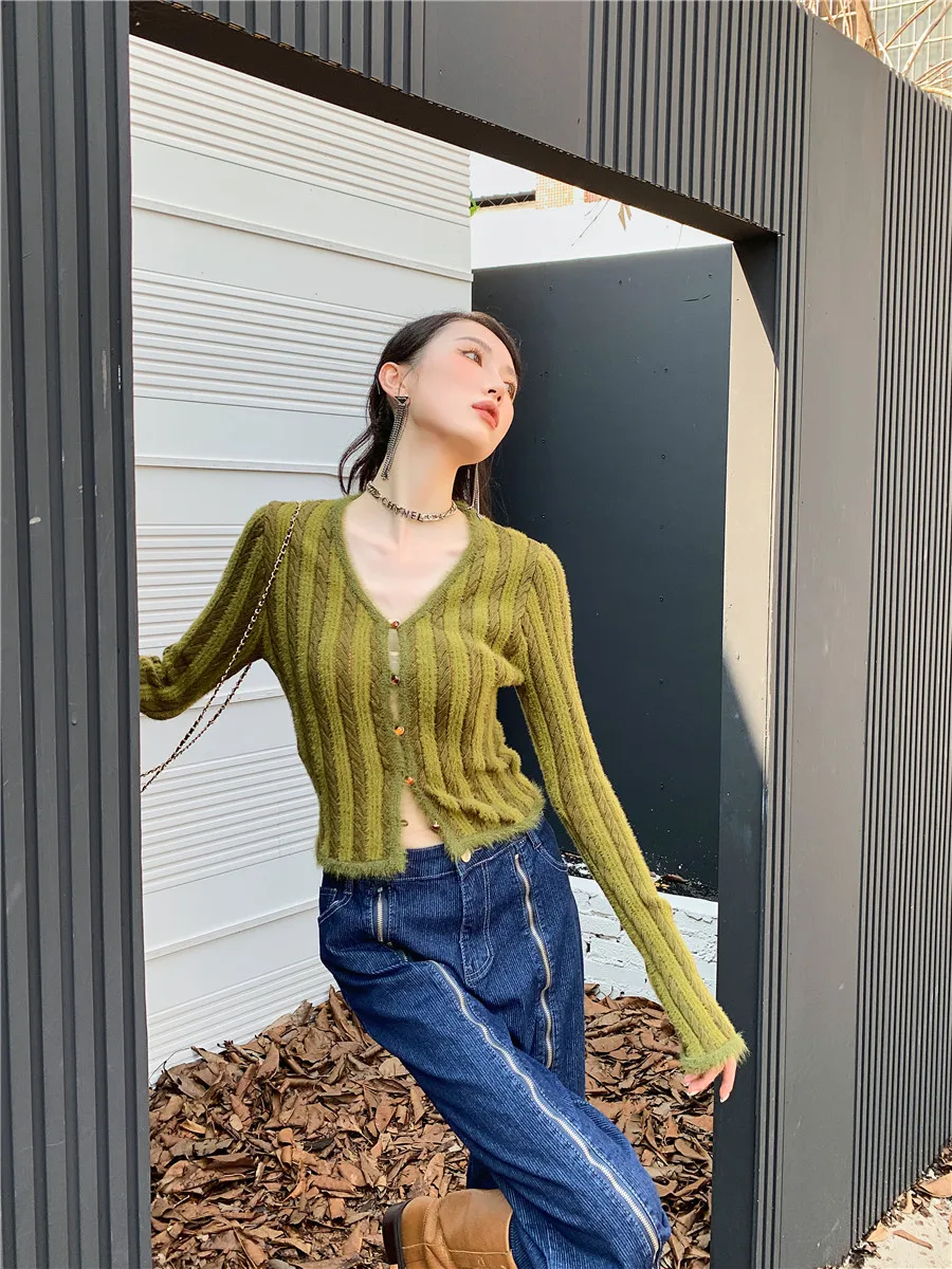 CHEERART Green Fur Trim Cardigan Button Up V Neck Cropped Knitted Sweater Korean Fashion Ribbed Fluffy Cardigan Long Sleeve