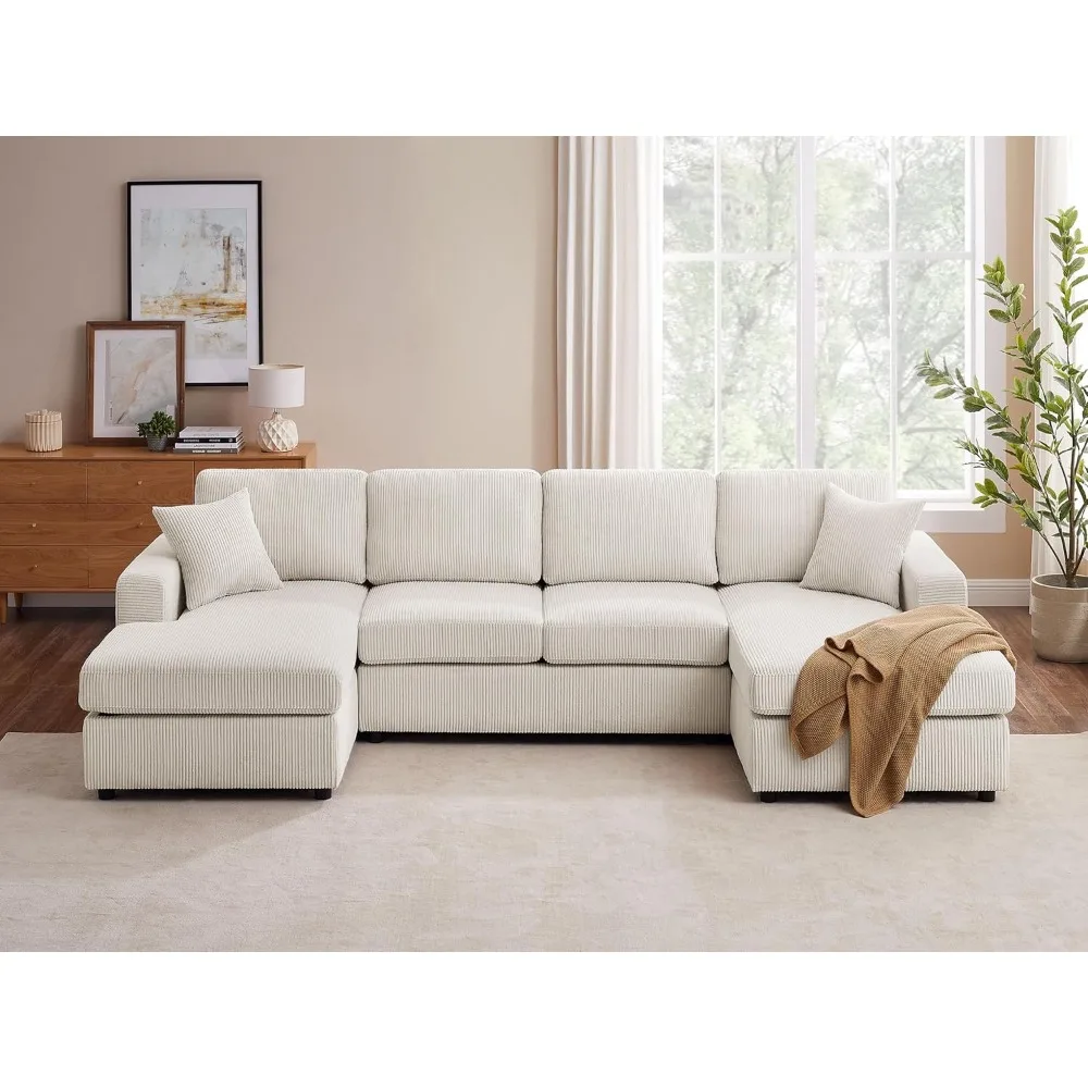 

118'' U Shaped Sectional Sofa , Corduroy Fabric Modern Cozy Jumbo Size 4-Seater Living Room Couch, Double Chaise Longue