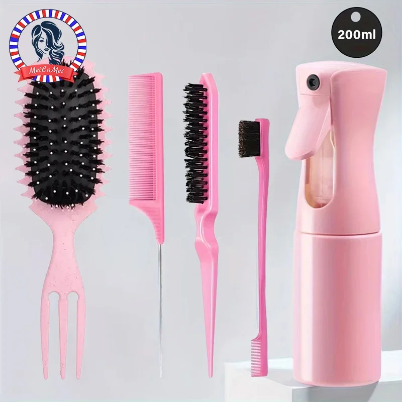 5-pcs Detangling Styling Set: Spray Bottle 3-in-1 Roll Hair Comb Curved Rat Tail Comb Edge Control Brush Salon Hairdressing Tool