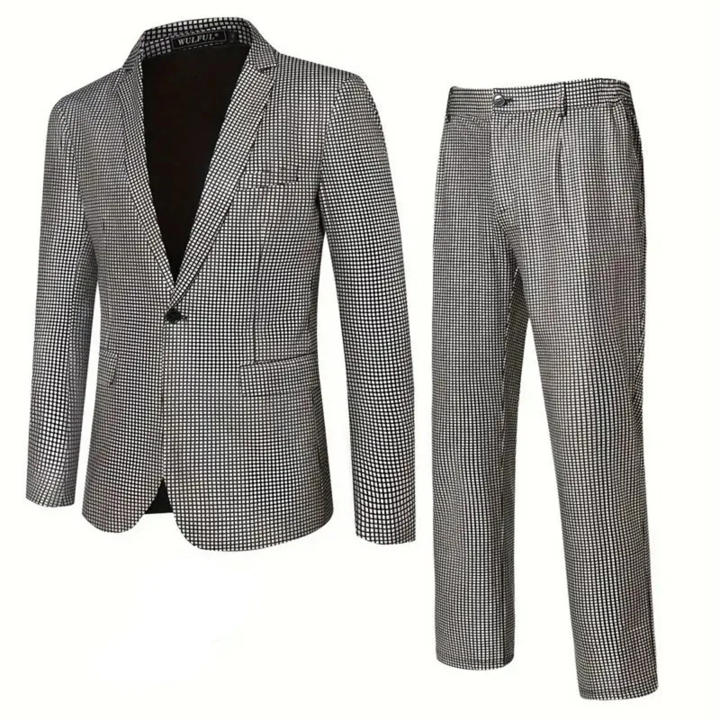 Men's Plaid Sequins Suit Wedding Ceremony Party Performance Dress Two-piece Suit