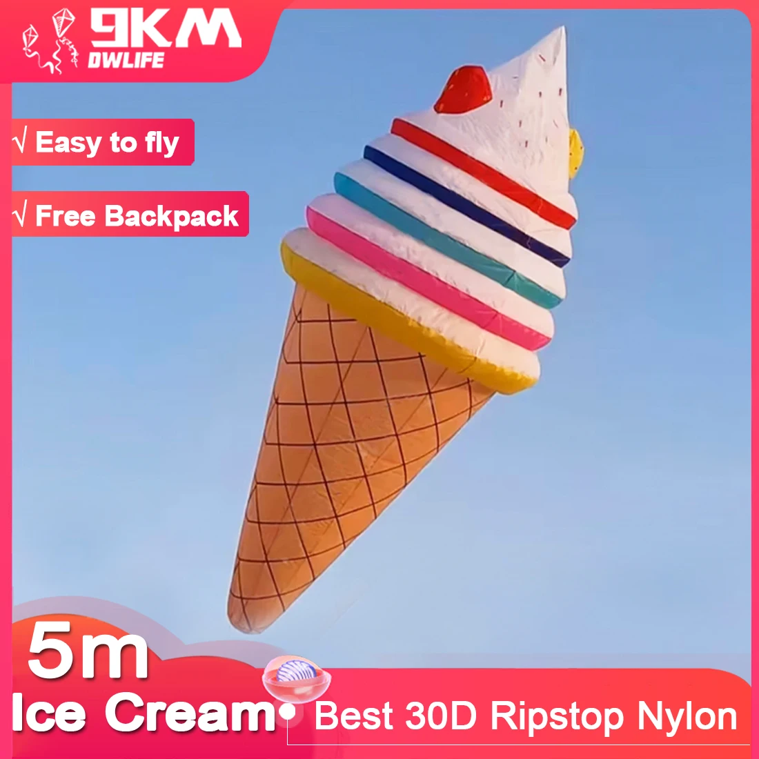 9KM 5m Ice Cream kite Line Laundry Kite Soft Inflatable 30D Ripstop Nylon for Kite Festival with Bag (Accept wholesale)