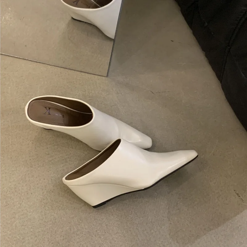 FHC  New Flower Square Toe High Heels Mules.Wedges Summer Shoes Soft Leather Slippers,Slides,35-40,Black,Brown,White,Dropship