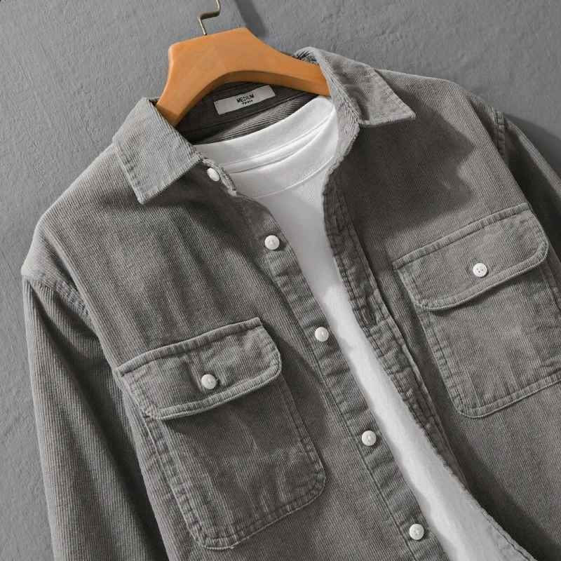 Japanese Vintage Cargo Shirt Men Autumn New Mens Long Sleeve Shirt Lapel Double Pockets Corduroy Shirt Pure Cotton Casual Jacket