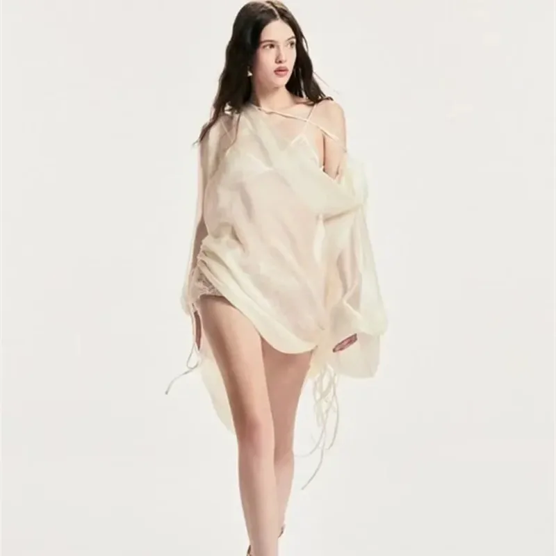 

Solid Two Piece Sets for Women Diagonal Collar Long Sleeve Outer Shirt V Neck Camisole Slim Jumpsuit Shorts Chic Set Female