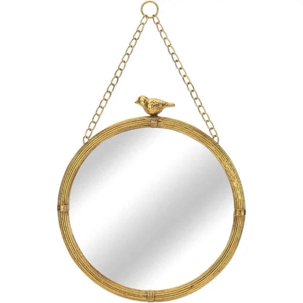 

11 Inch Rustic Gold Vintage Round Metal Hanging Mirror - Small Decorative Wall Mount for Bathroom, Living Room, or Office