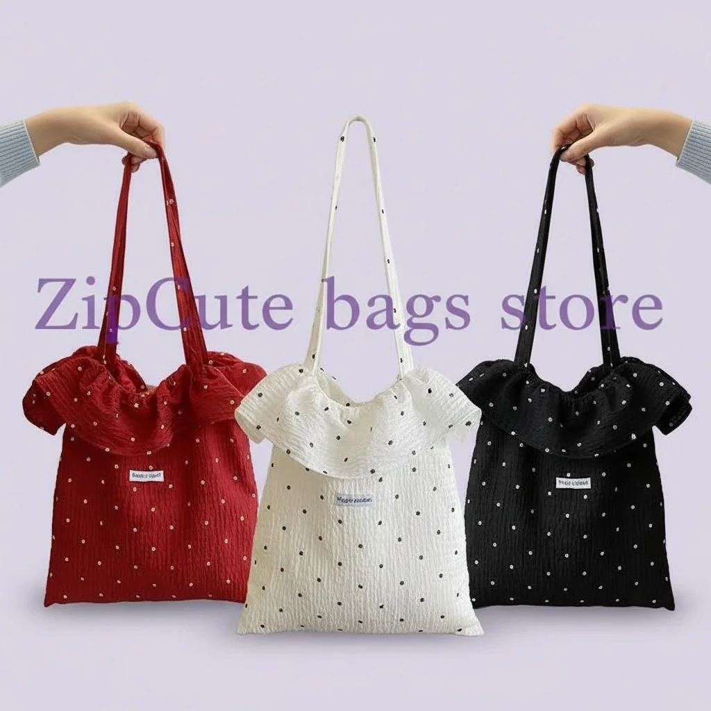 All-match Wave Point Chiffon Shoulder Bag Large Capacity Fairy Mesh Handbag Commuting Bag Korean Style Tote Bag Women