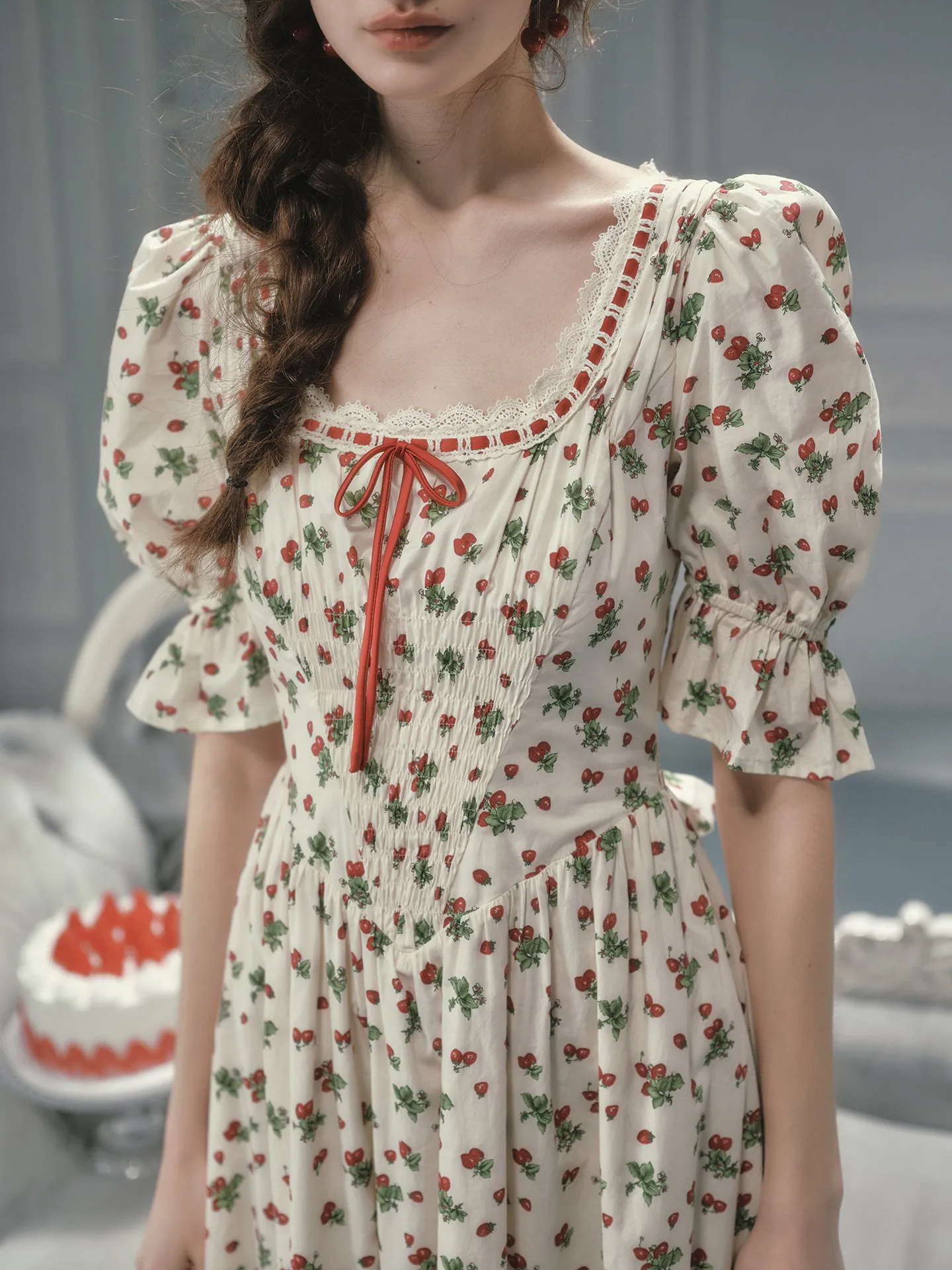 TIYIHAILEY vestido de verano para mujer, vestido largo de manga corta de algodón para mujer, XS-XL Vintage de cintura alta con estampado de fresa y cuello cuadrado