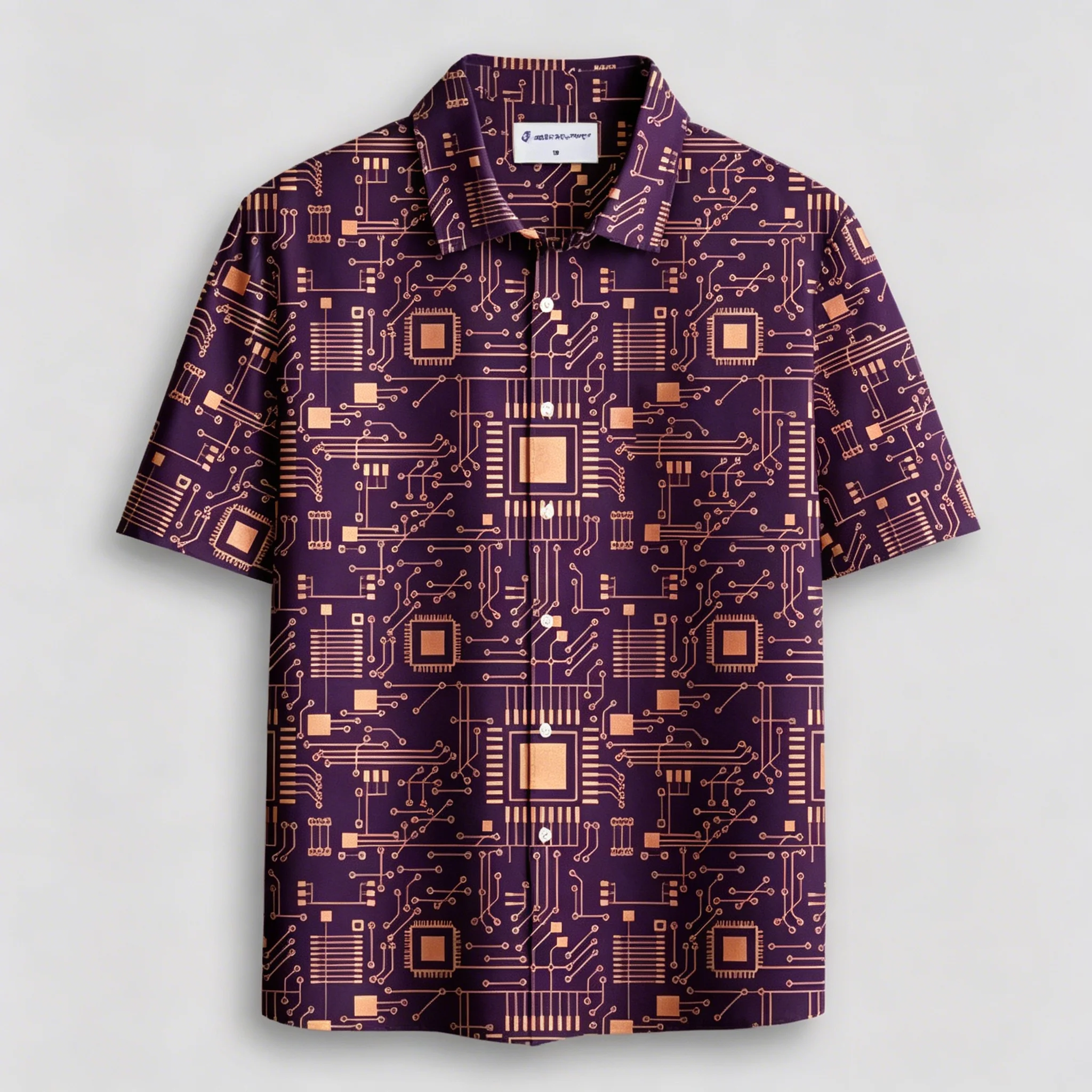 Circuit Board Chip Circuit Full Printed Short Sleeved Shirt for Men with A Sense of Technology, Cyber Loose Casual Shirt