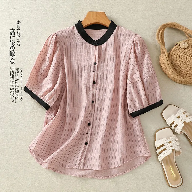 2024 New Arrival Summer Loose O-neck Short Sleeve Casual Cotton Linen Striped Women Blouse Single Breasted Cotton Linen Shirts