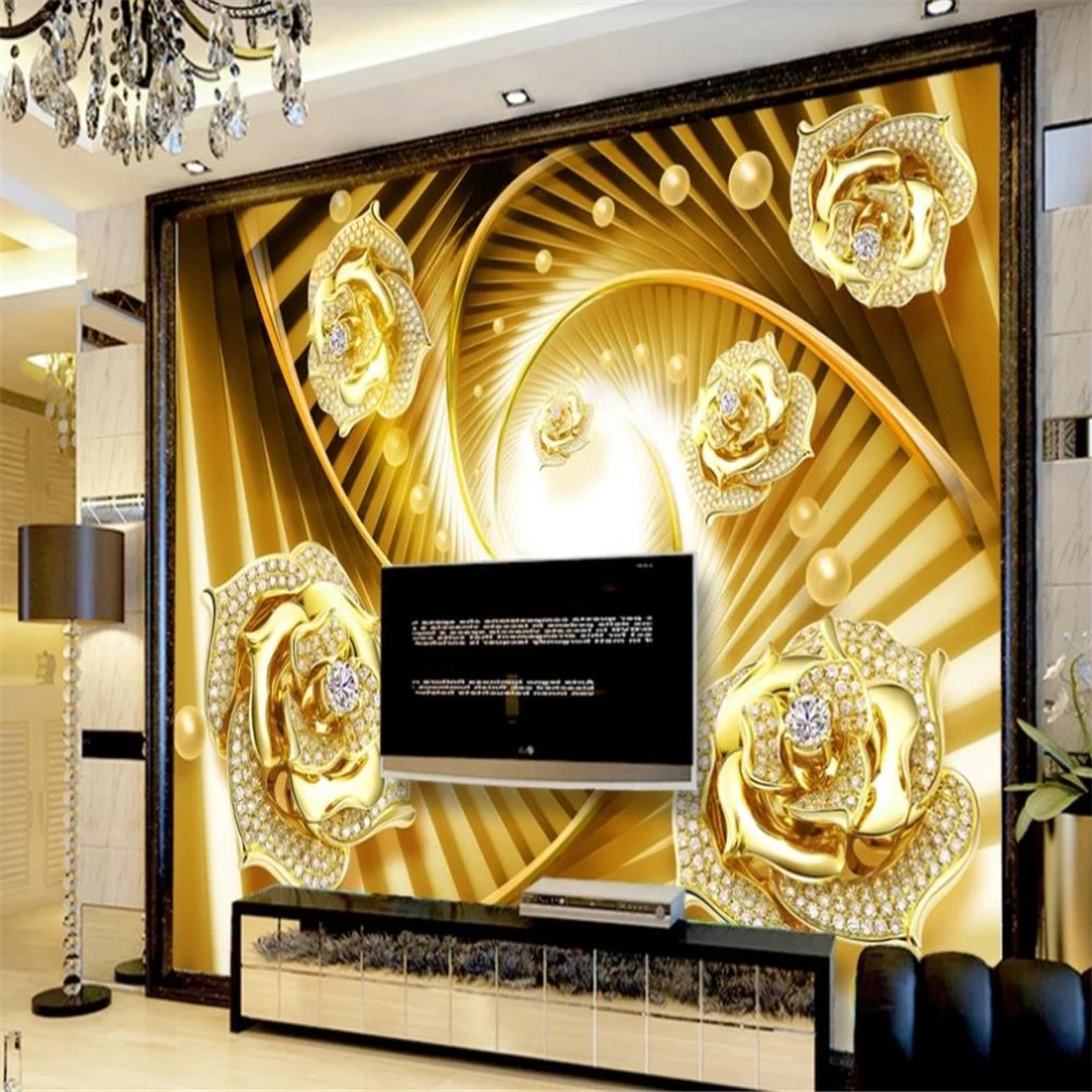 Photo wallpaper mural Diamond Gold Flower Jewelry 3D stereoscopic  bedroom photo mural wallpaper 3d wall