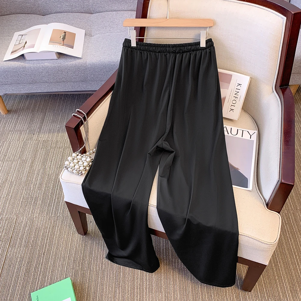 Plus-size women\'s summer casual commuter loose comfort pants Black wide-leg pants with drawstring elastic high-waisted pants big