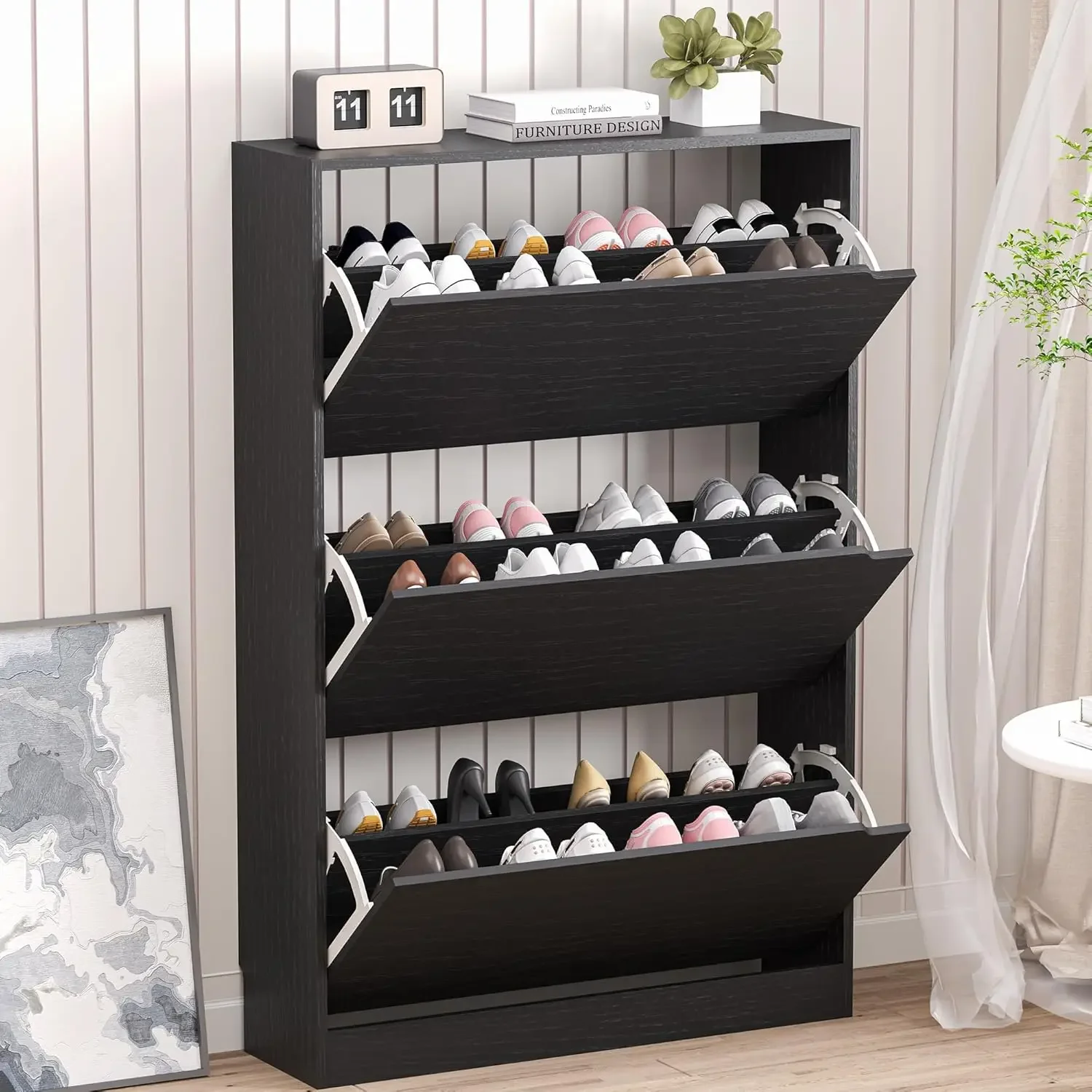 Shoe Storage Cabinet with 3 Flip Drawers,Narrow Shoe Rack Cabinet,Freestanding Shoe Organizer Storage Cabinet for Entryway