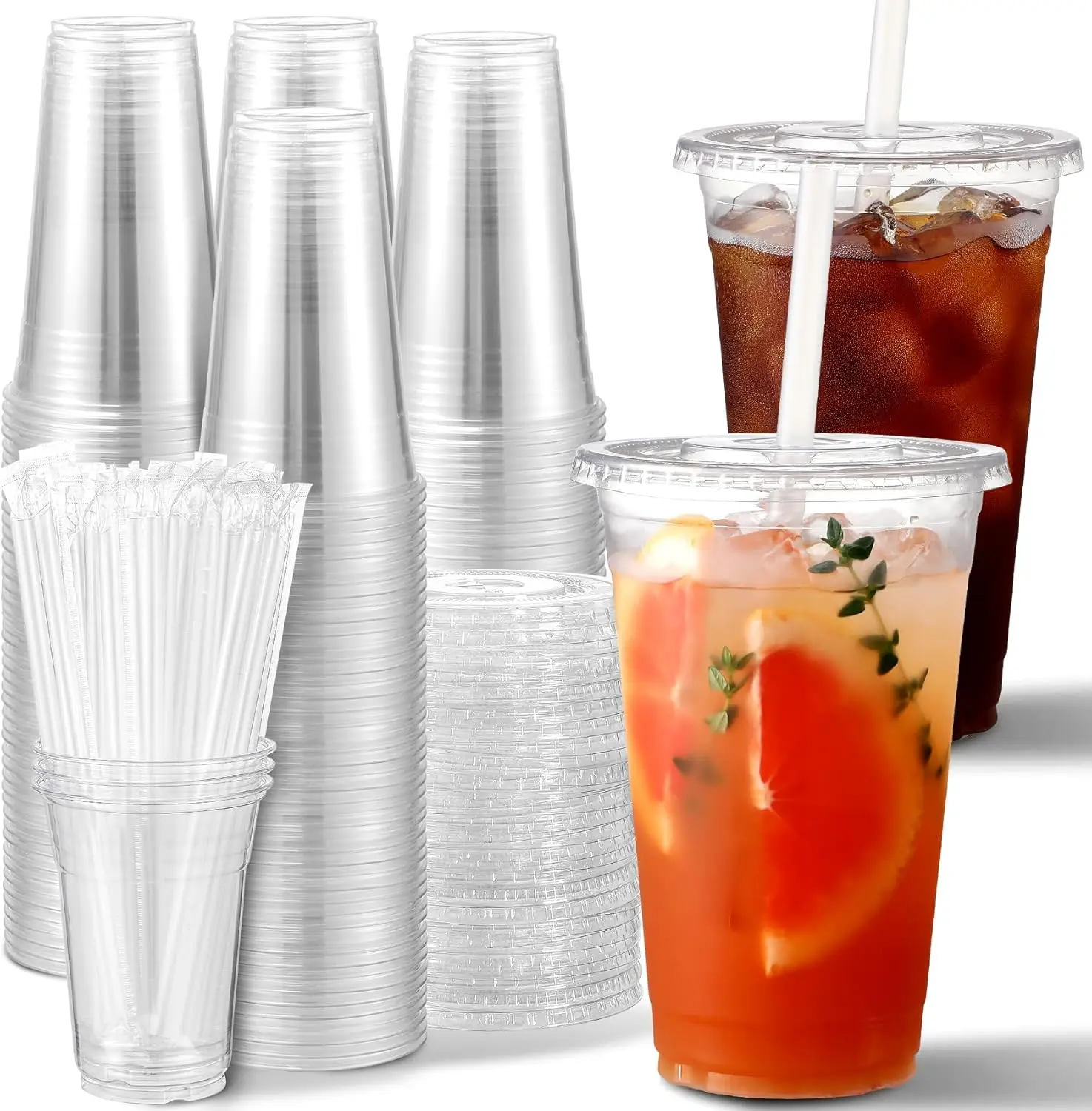 

[100 Sets] Clear Plastic Cups With Lids and Straws, Disposable Cups With Lids for Iced Coffee, Smoothie, Milkshake and Cold