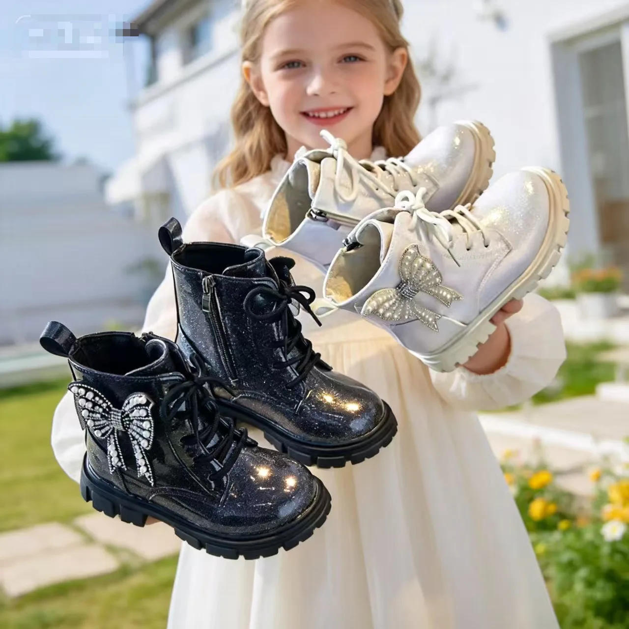 Shiny Print Children Ankle Boots for Girls Soft Bottom 2026 New Autumn Princess Bow Shoes Child Shiny Kids Short Boots