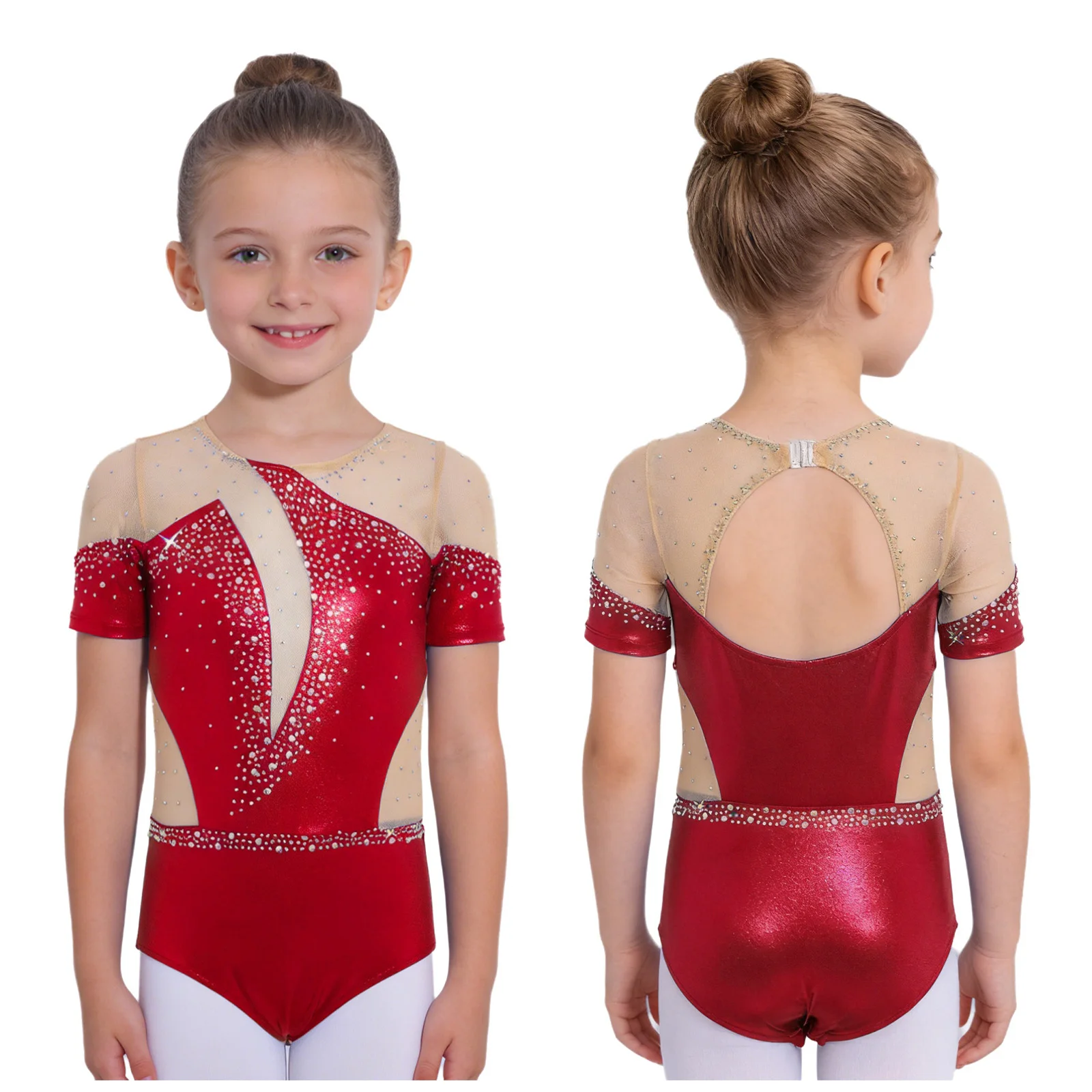 

Girls Figure Skating Dance Leotards Costume Short Sleeve Cutout Back Sheer Mesh Patchwork Rhinestones Bodysuit Ballet Dancewear