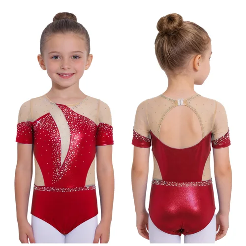 Imagen 1 del producto Leotardos de baile de patinaje artístico para niñas, traje de manga corta con recortes en la espalda, mono de malla transparente con diamantes de imitación, Ropa de baile de Ballet