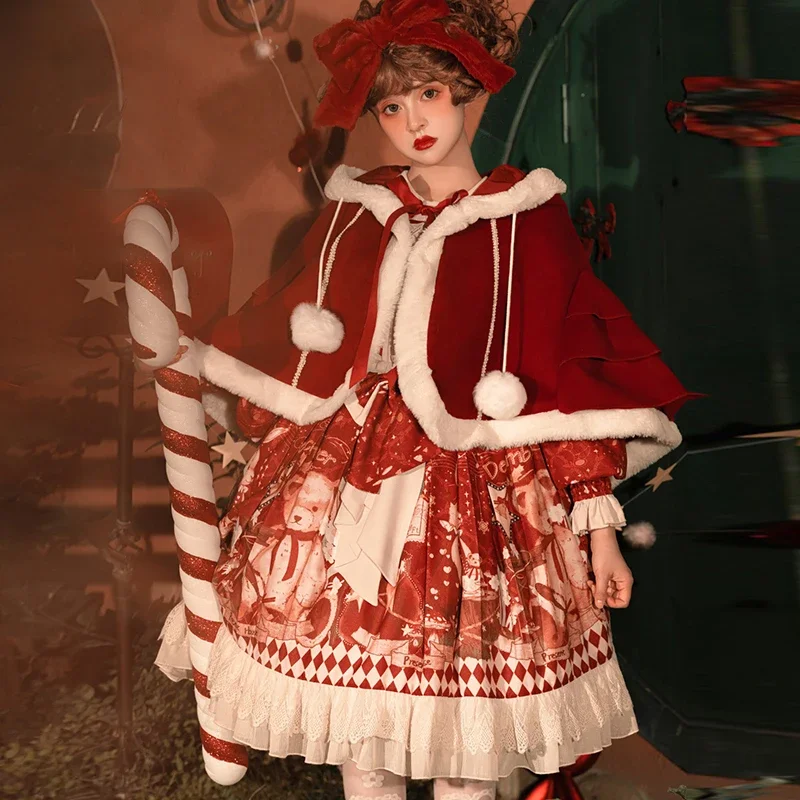 Lolita-chal de terciopelo grueso para mujer, ropa de otoño e invierno, Linda capa roja para Cosplay de Navidad