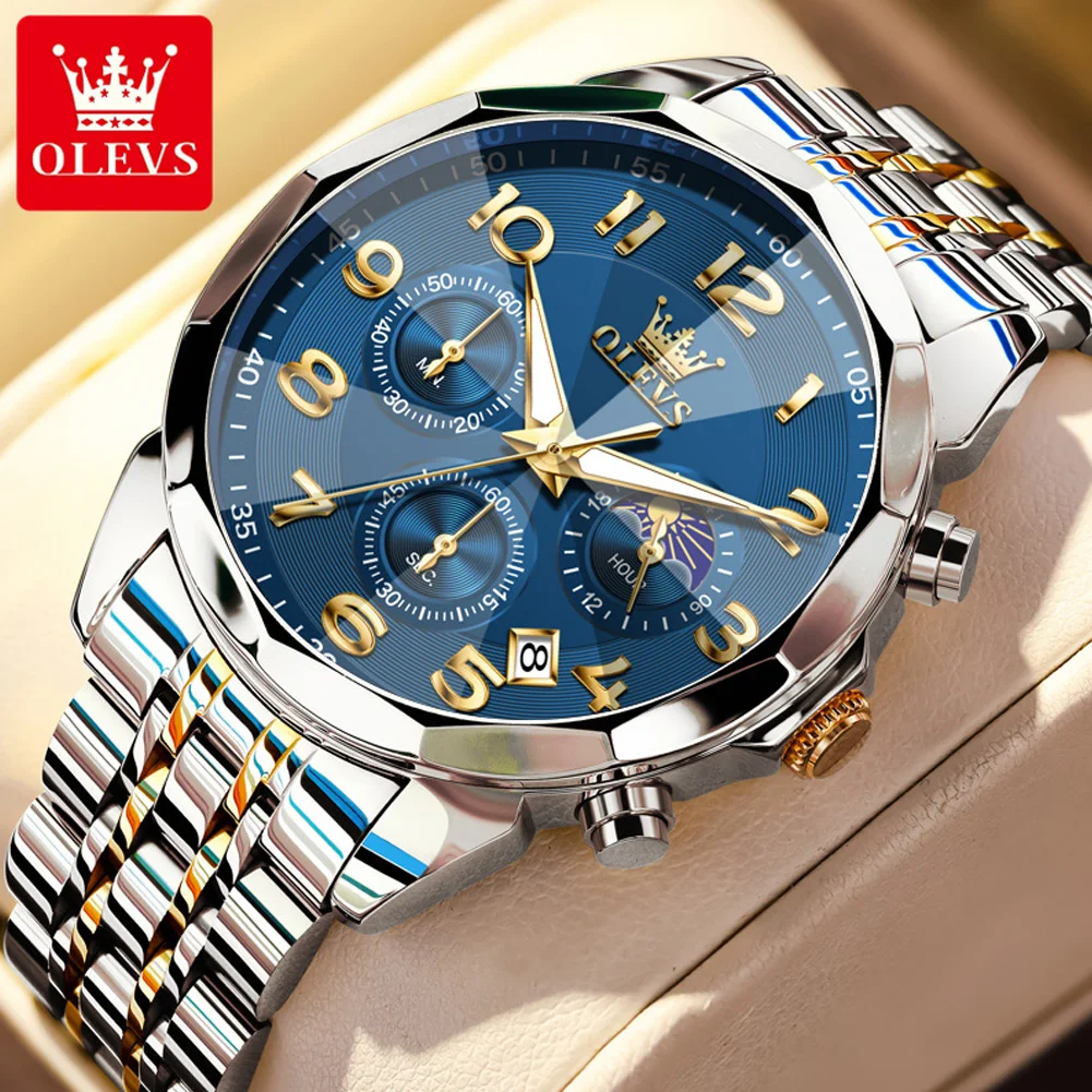 

OLEVS 3676 Men's Wristwatch Chronograph Waterproof Calendar Luminous Moon Phase Steel Strap Quartz Watch For Men