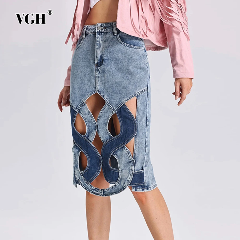 

VGH Hit Color Hollow Out Patchwork Button Denim Skirts For Women High Waist Spliced Pockets Slimming Bodycon Skirt Female New