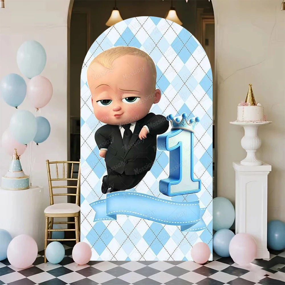 Image of Happy Boss Baby Geburtstagsbogen-Hintergrundabdeckung für Jungen, Neugeborenen-Babyparty-Dekoration, Fotohintergrund-Requisiten