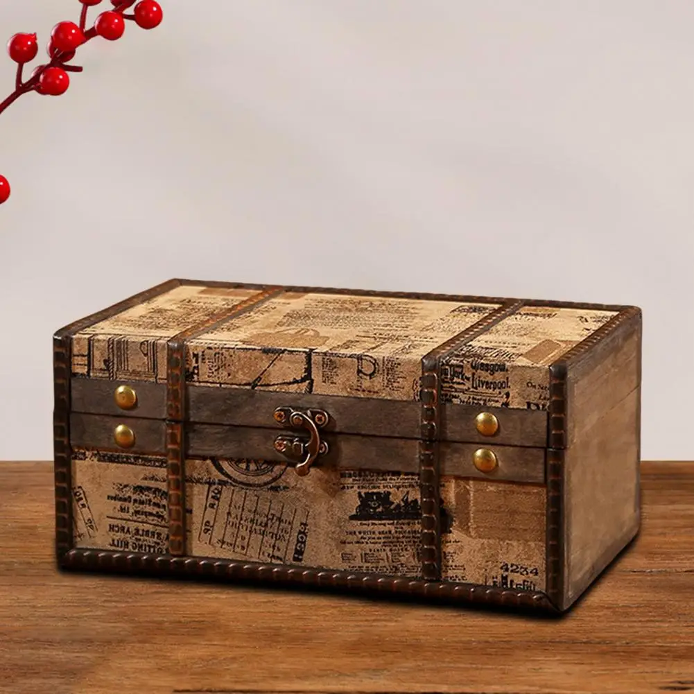 Jewelry Wood Box  Vintage Vintage British Style Treasure Chest  Rectangle Desktop Storage Chest