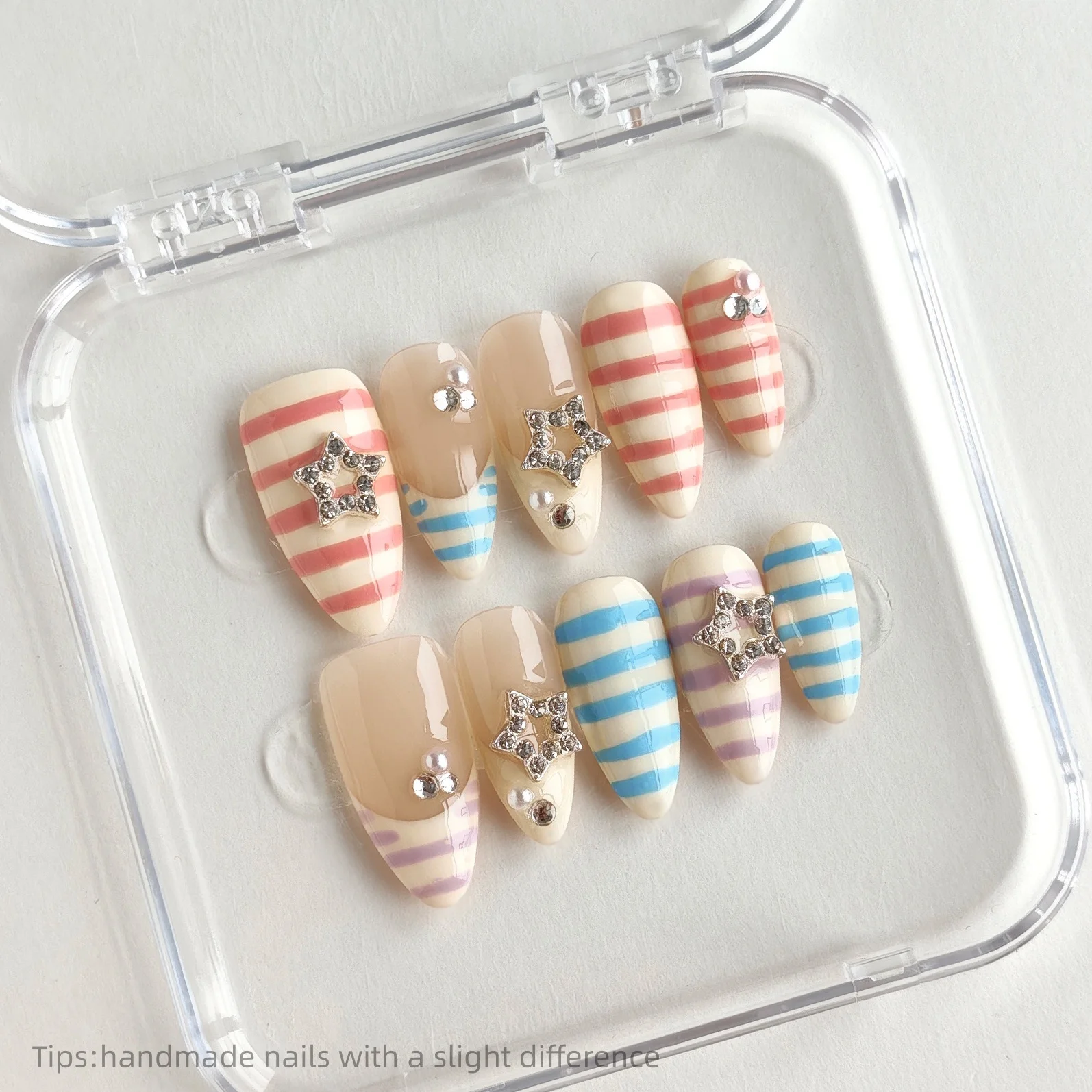 

10 шт., ручная работа, розовые, синие, белые, со звездами, металлические полоски, миндалевидные длинные носимые многоразовые милые накладные ногти 2026