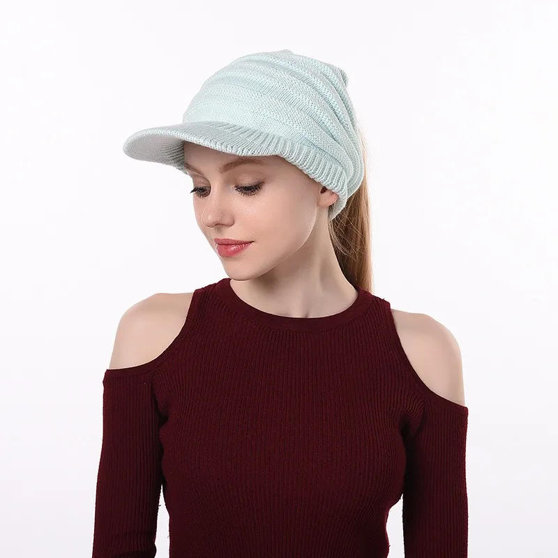 New Style Solid Color Brim Knitted Hat Ponytail Hat Thermal Winter Warm Hat for Women Girls Outdoor Ski