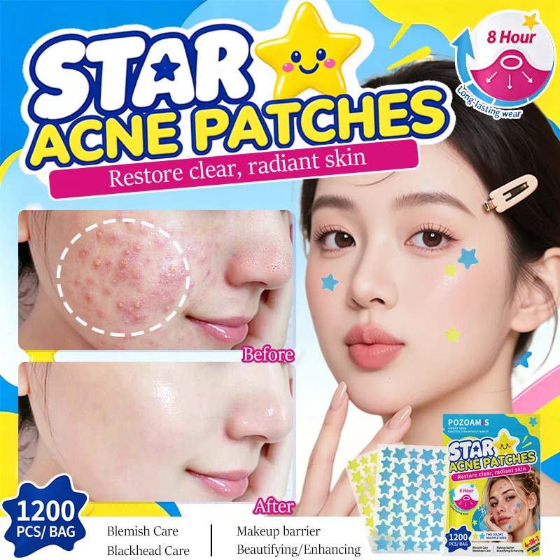 Cute Star Pimple Patches 1200Pcs, Hydrocolloid Spot Stickers, Blue Yellow Multi Size,8H Zit Absorb for Face