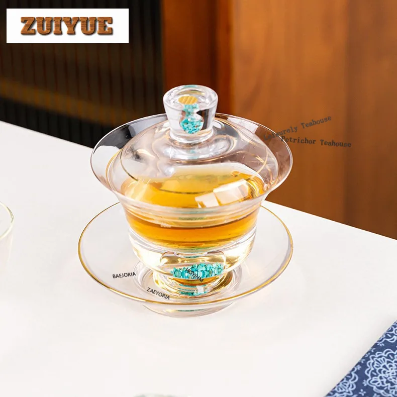 150ml Turquoise Crystal Glass Gaiwan Aesthetic Tea Tureen Tea Bowl With Lid Kit Tea Maker Cover Bowl Tableware Decoration Craft