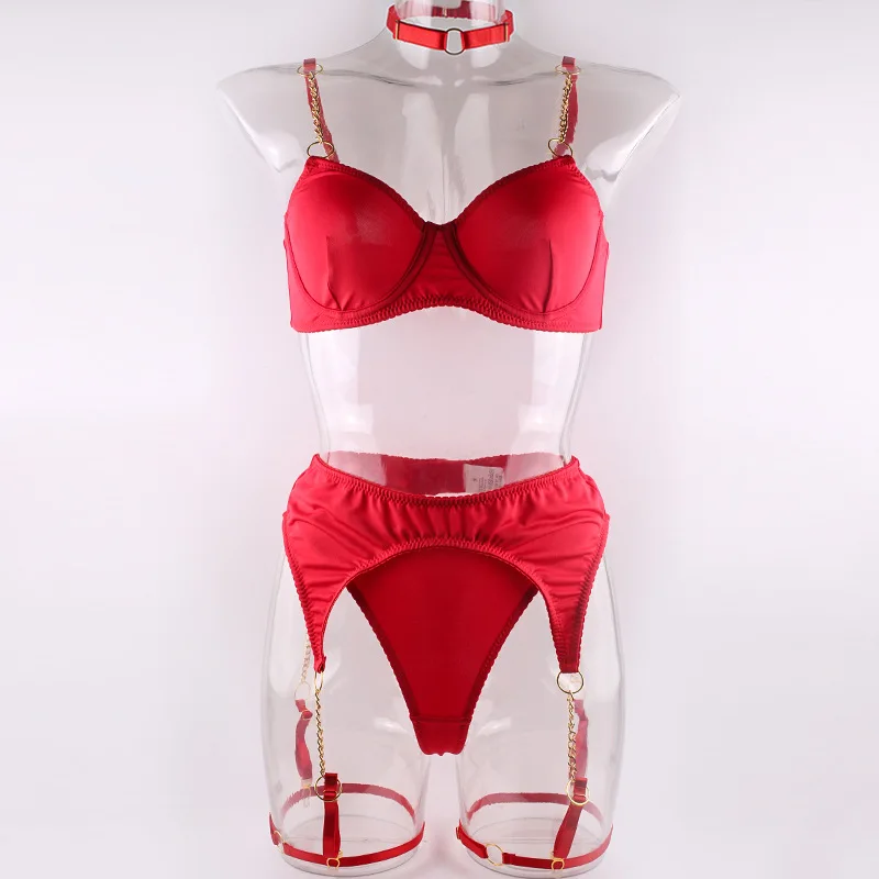 Brskbzda-Conjunto de lingerie sem costura para mulheres, roupas íntimas femininas, correia de corrente, vermelho, quente, sexy, íntimo, luxo, liga,