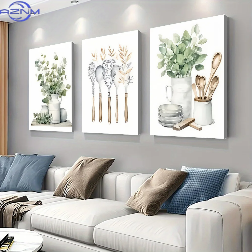 3pcs Modern Minimalist Nordic Botanical Wall Art Suitable for Living Room & Bedroom - Horizontal Prints, Soft Natural Tone Canv