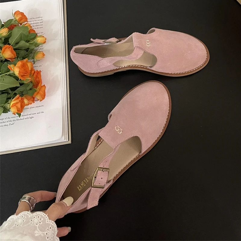 DIMANYU Retro Roman Baotou Sandals Women Wear 2024 Summer New Frosted Real Leather Female Flat Shoes Hollow Women Sandals