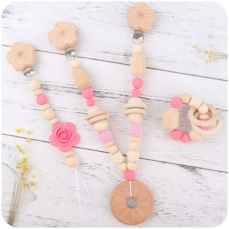 Y1UB Rose Flower Baby Pram Pendant Rattle Pacifier Chain Clip Wooden Beads Bracelet Bed Mobile Infants Rattles