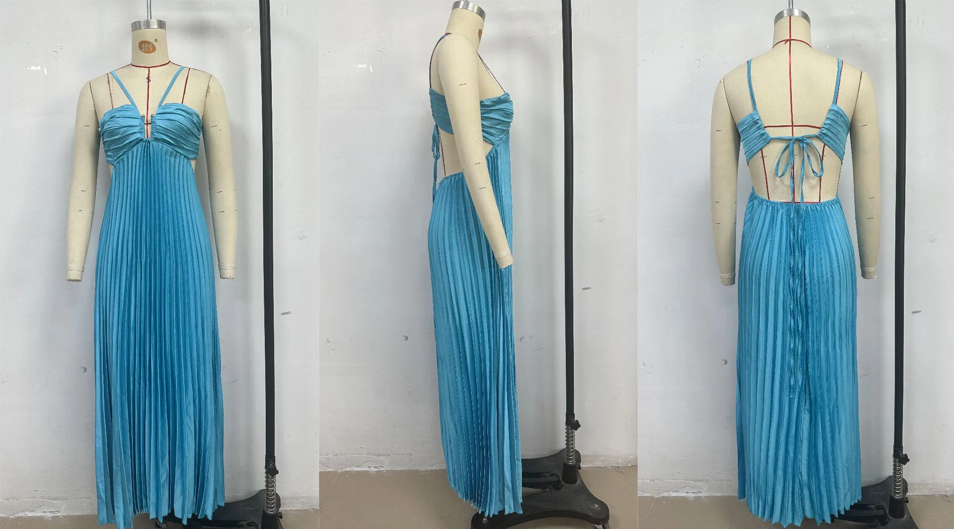 Blue Pleated Halter Long Dress Women's Solid Sleeveless Backless Lace-up Maxi Dress Summer Beach Vacation Evening Party Vestidos
