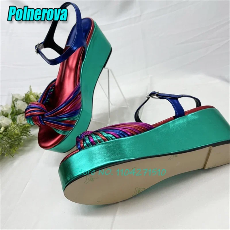 Colorful Woven Bowknot Platform Sandals for Women Designer Open Toe Ankle Buckle Wedges High Heels Summer New Party Dress Shoes