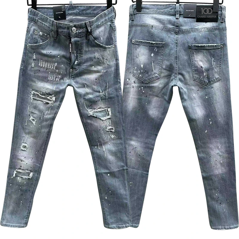 100 Chareiharper c068 Men's jeans  ripped patch black trend stretch slim legs personalized men's pants c070 c072 c075