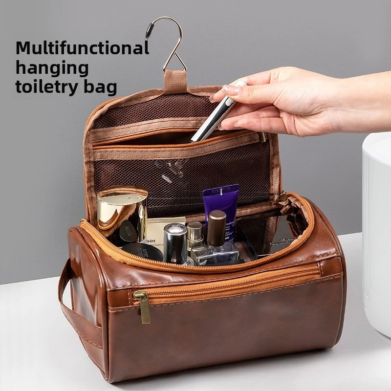 Retro PU Cosmetic Bag, Large Capacity Waterproof 3D Makeup Storage Pouch for Travel & Business
