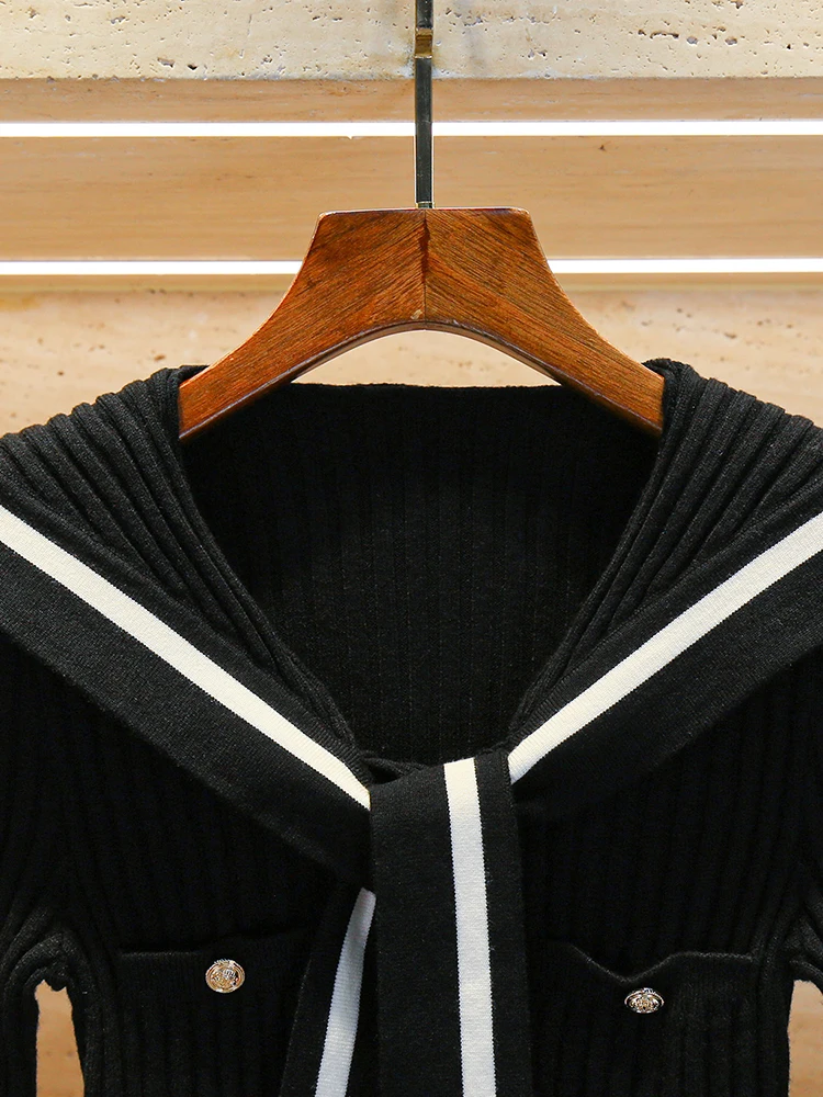 

High-End Women's Navy Collar Slim Fit Striped Knitwear Top with Belt Autumn College Sle European Faion Premium Quali