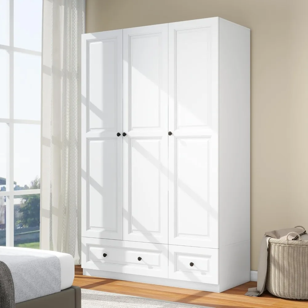 White Wardrobe Closet with 3 Doors: Bedroom Armoire Wardrobe Closet with 3 Drawers, Wooden Wardrobe Closet for Hanging Clothes