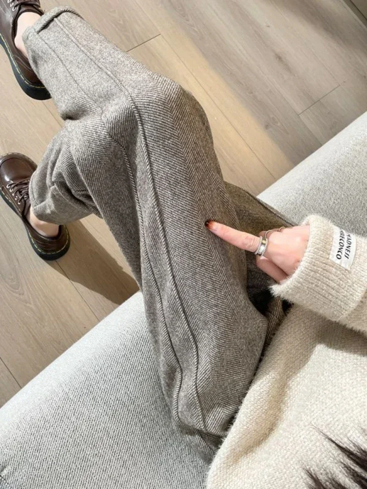 High-waisted Tweed Straight Pants 2024 Autumn/Winter New Women\' s Pants Loose Casual Herringbone Warm Thickened Cropped Pants