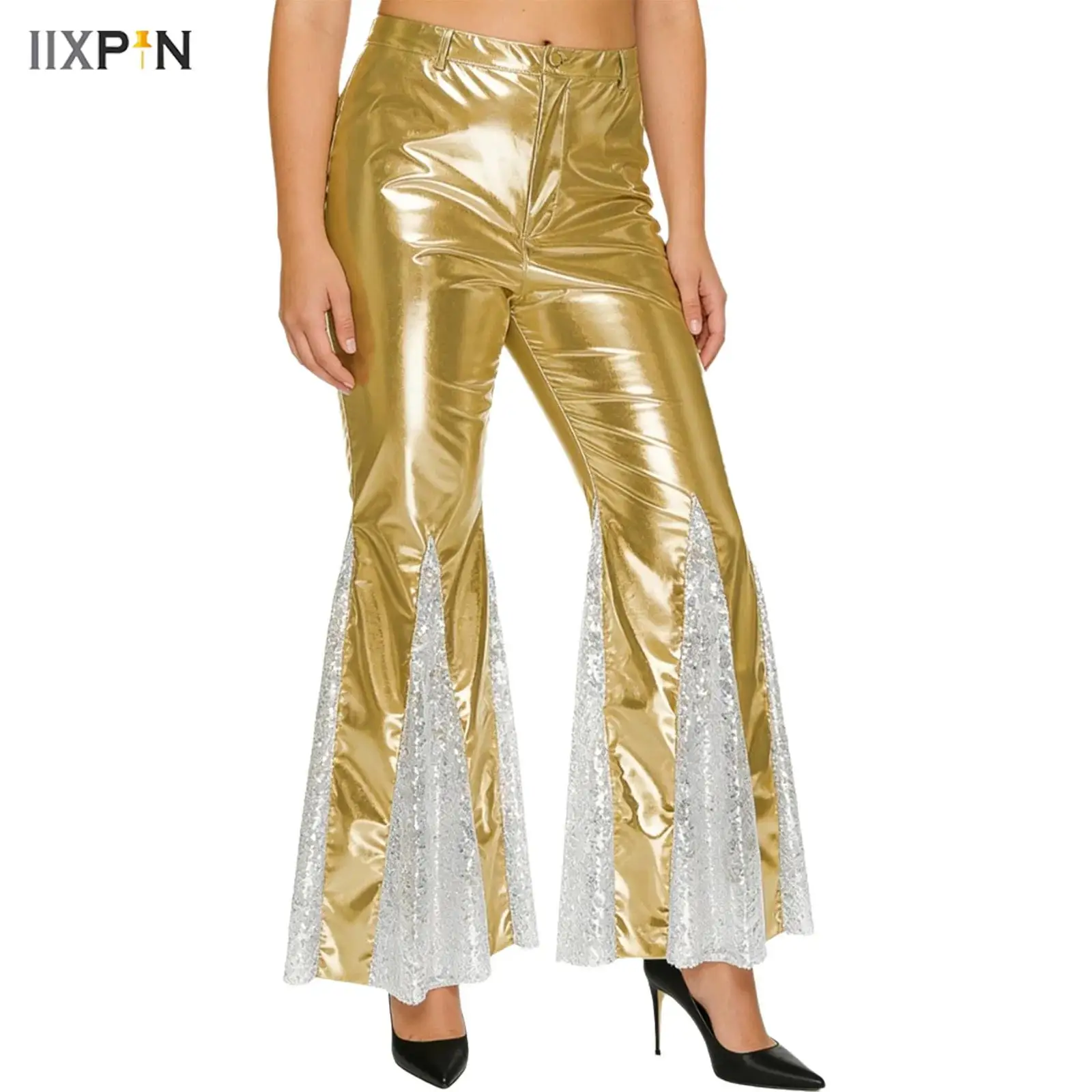 

Womens Shiny Metallic 70s Disco Pants Hippie Vintage Costume Dance Party Nightclub Sequins Bell Bottoms Flared Pants Jazz Dance